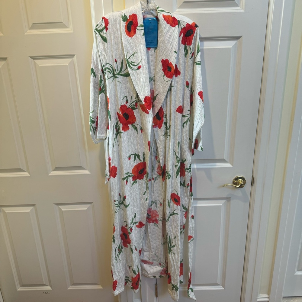 Hanro White Cotton Robe With Red Flowers